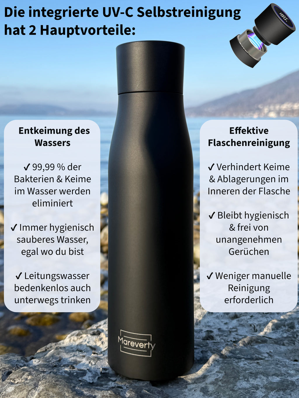 Smart HydroUp – Selbstreinigende Trinkflasche: Innovative Selbstreinigungsfunktion, Temperaturanzeige, Trinkerinnerung 750ml - Mareverty