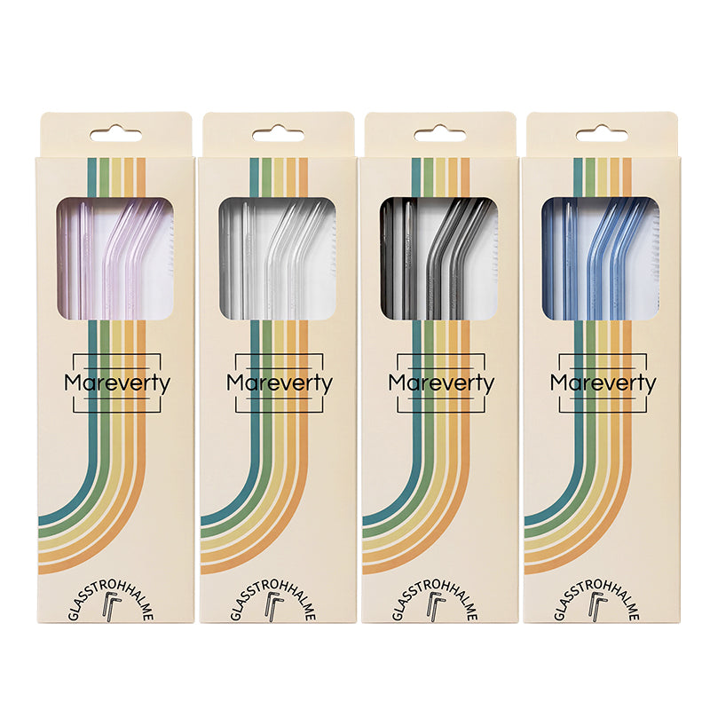 Glasstrohhalme (4er-Set mit Reinigungsbürste) - Nachhaltige Trinkhalme - Mareverty