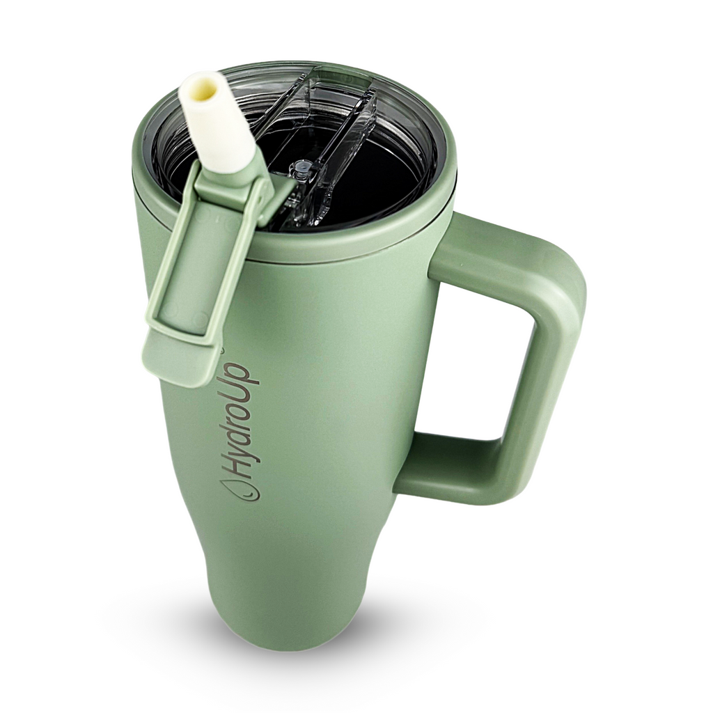 HydroUp Cup - Tumbler / Thermobecher / Trinkbehälter mit 100% auslaufsicherem Deckel, Trinkhalm und Tragegriff (1,2 Liter) - Mareverty