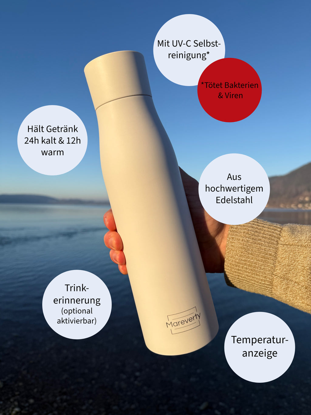 Smart HydroUp – Selbstreinigende Trinkflasche: Innovative Selbstreinigungsfunktion, Temperaturanzeige, Trinkerinnerung 750ml - Mareverty