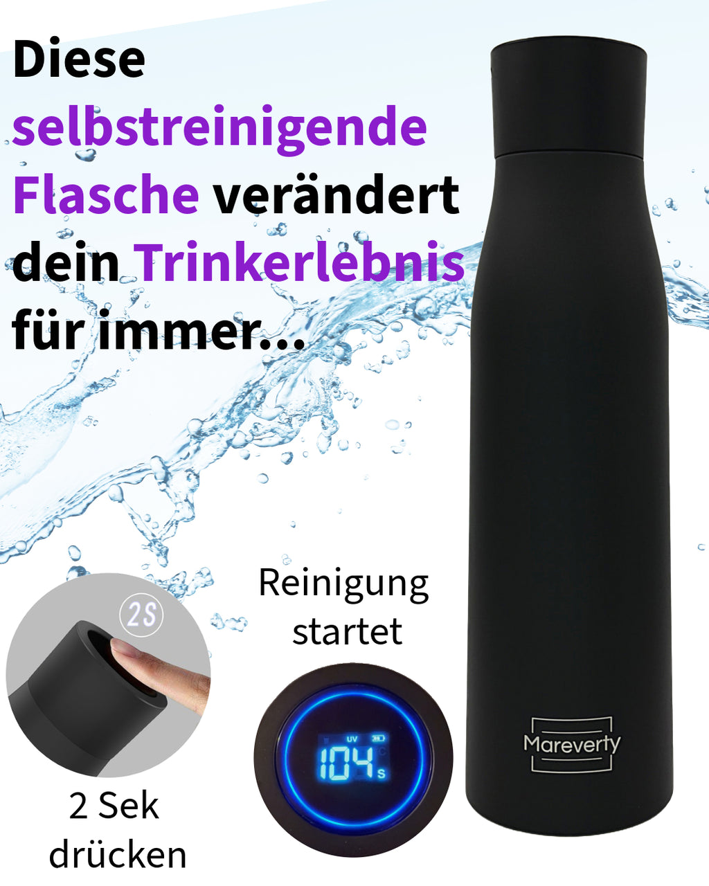 Sparset: 2x Selbstreinigende Trinkflasche - Smart HydroUp: Selbstreinigungsfunktion, Temperaturanzeige, Trinkerinnerung - 750ml - Mareverty