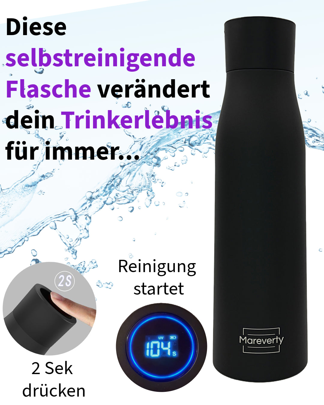 Sparset: 2x Selbstreinigende Trinkflasche - Smart HydroUp: Selbstreinigungsfunktion, Temperaturanzeige, Trinkerinnerung - 750ml - Mareverty