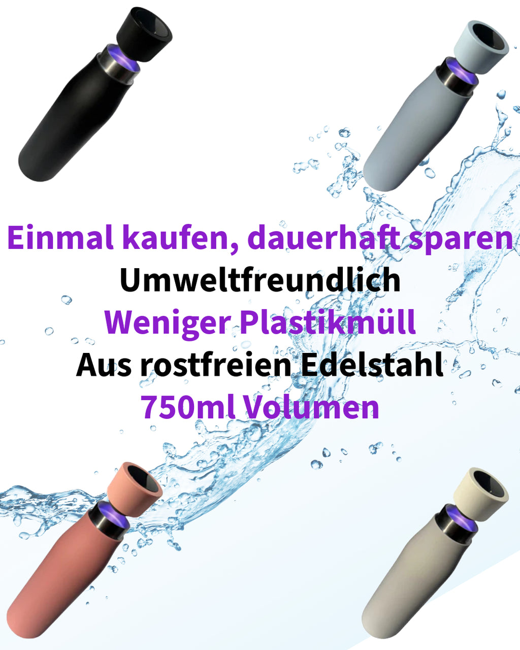 Sparset: 2x Selbstreinigende Trinkflasche - Smart HydroUp: Selbstreinigungsfunktion, Temperaturanzeige, Trinkerinnerung - 750ml - Mareverty